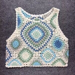 Altar'd State Womens Medium Crochet Granny Square Tank Top Blue Green Boho